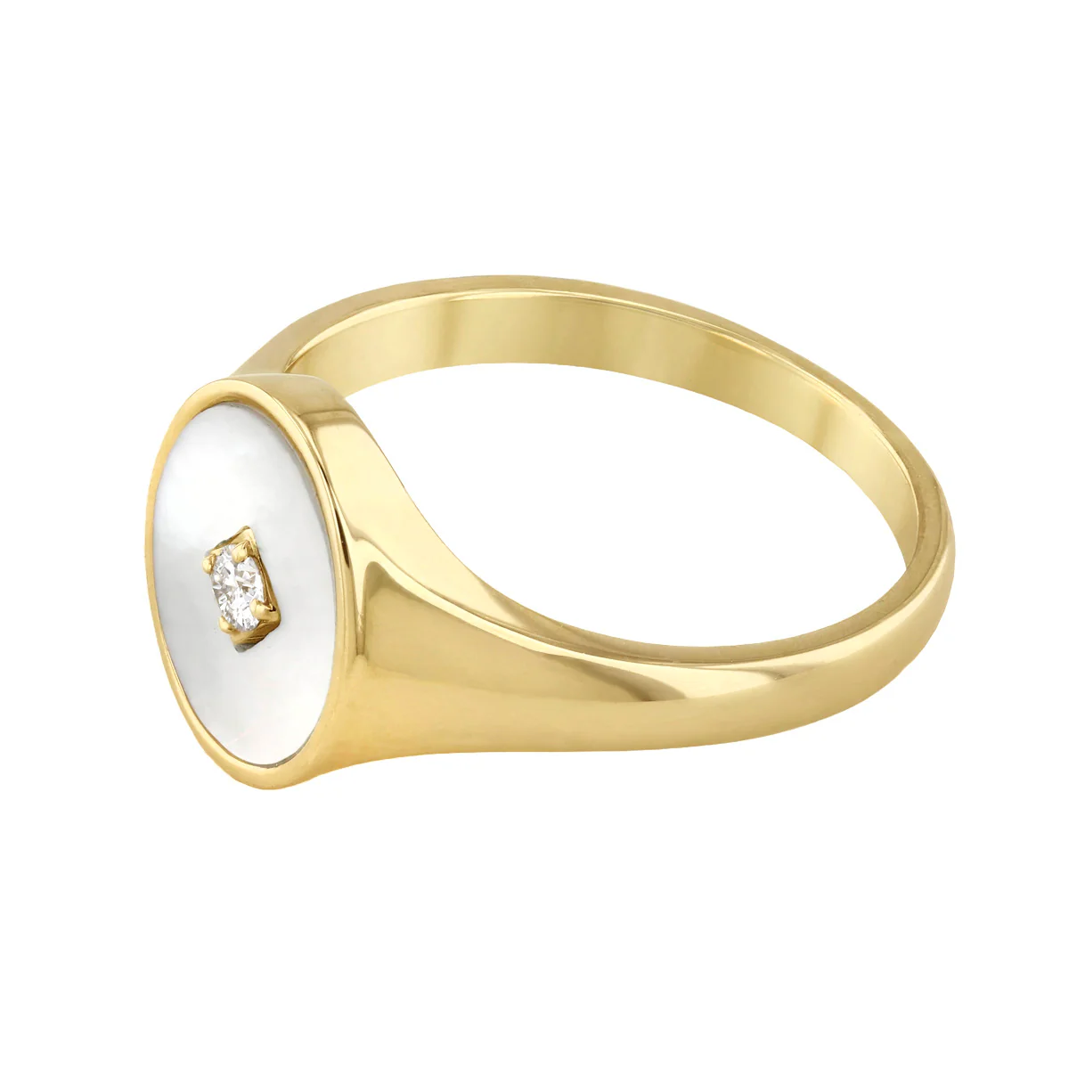 0.05ct Brilliant Cut Diamond and Mother of Pearl Oval Signet Ring | 9K Yellow Gold - Image 3
