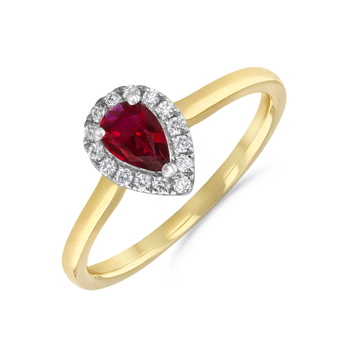 Bijou Collection 0.36ct Pear Cut Ruby and Diamond Halo Ring | 9K Yellow Gold
