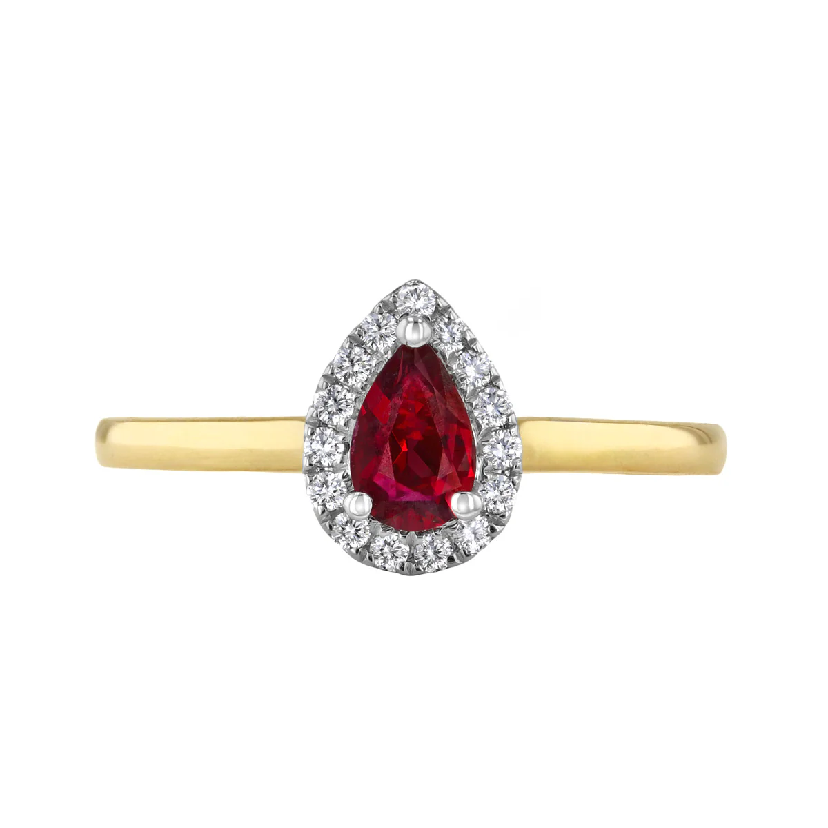 Bijou Collection 0.36ct Pear Cut Ruby and Diamond Halo Ring | 9K Yellow Gold - Image 2