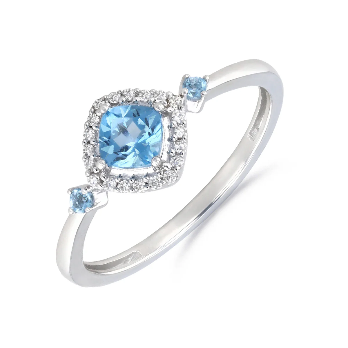 0.42ct Blue Topaz and 0.06ct Diamond Halo Ring | 9K White Gold