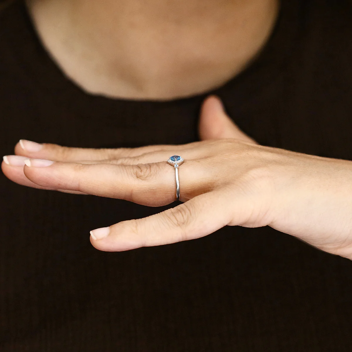 0.42ct Blue Topaz and 0.06ct Diamond Halo Ring | 9K White Gold - Image 7