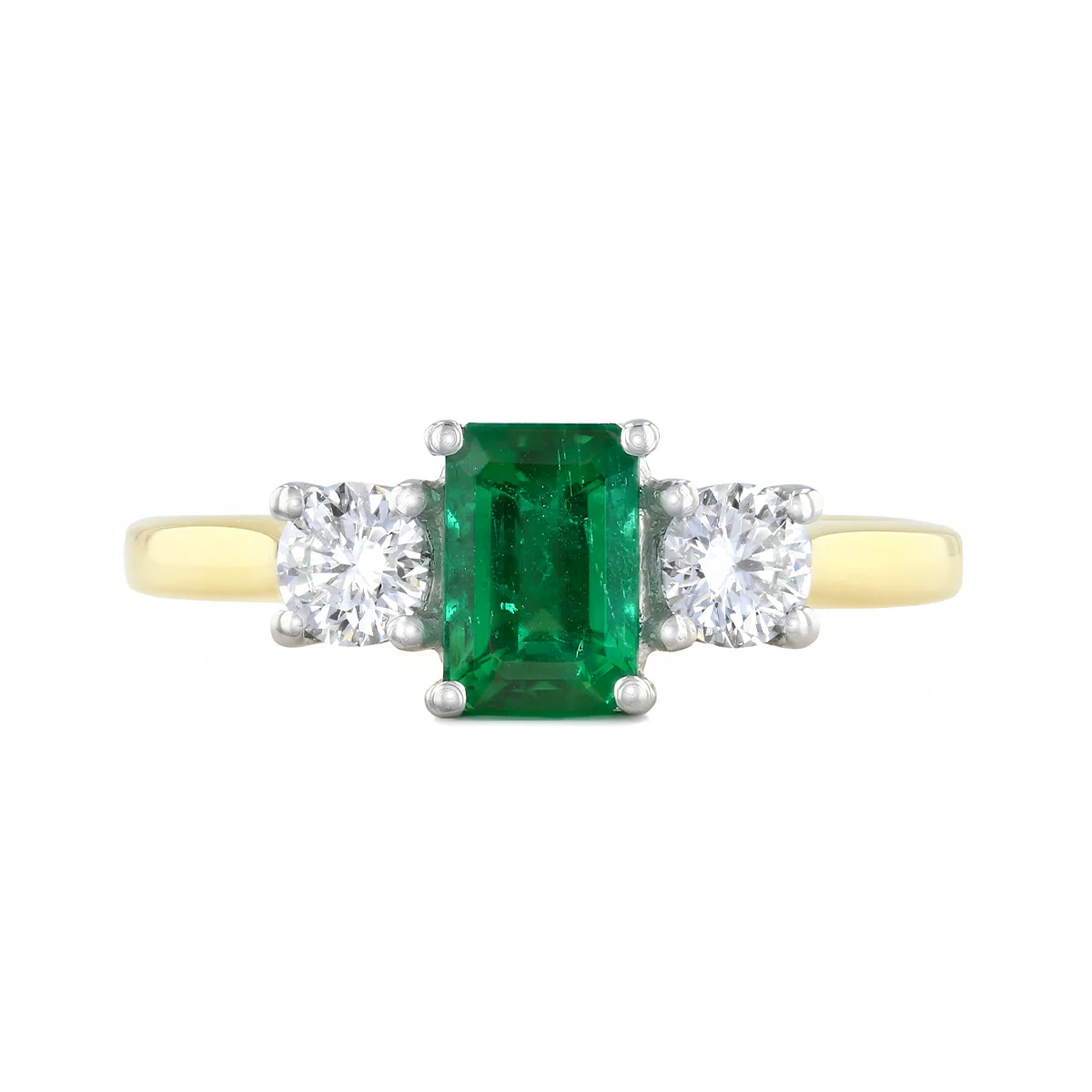 Heirloom Collection 0.72ct Bahia Emerald-Cut Emerald & 0.41ct Diamond Three-Stone Ring | 18K Yellow Gold & Platinum - Image 2