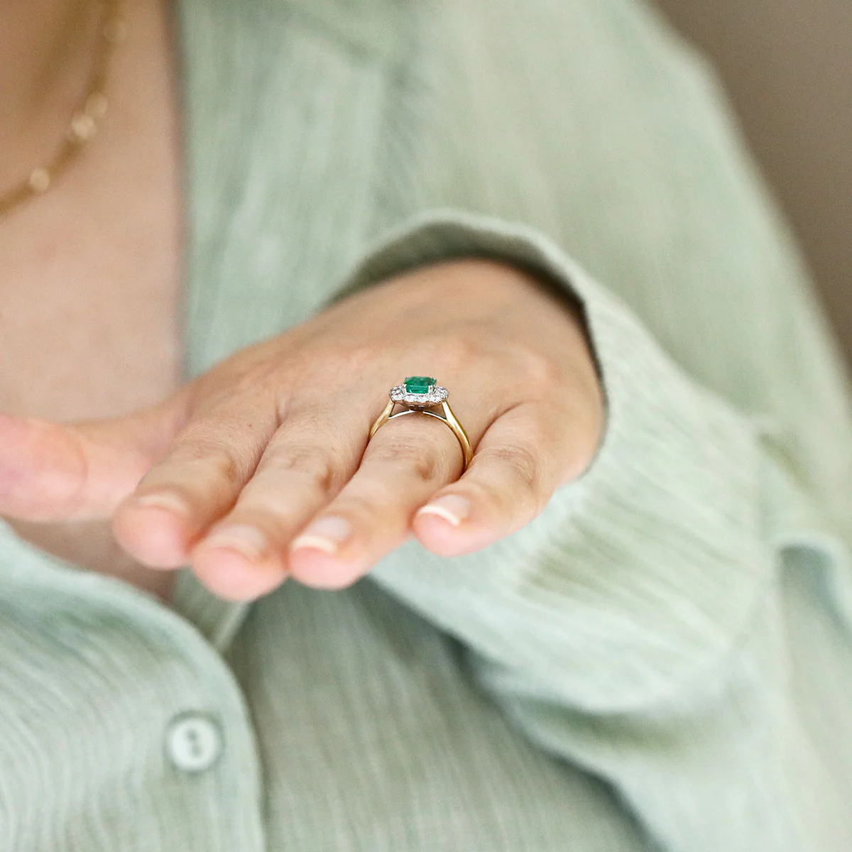 0.80ct Square Cut Emerald and 0.47ct Diamond Halo Dress Ring (Contemporary Mount) | Pre-Loved | 18K Yellow Gold - Image 8