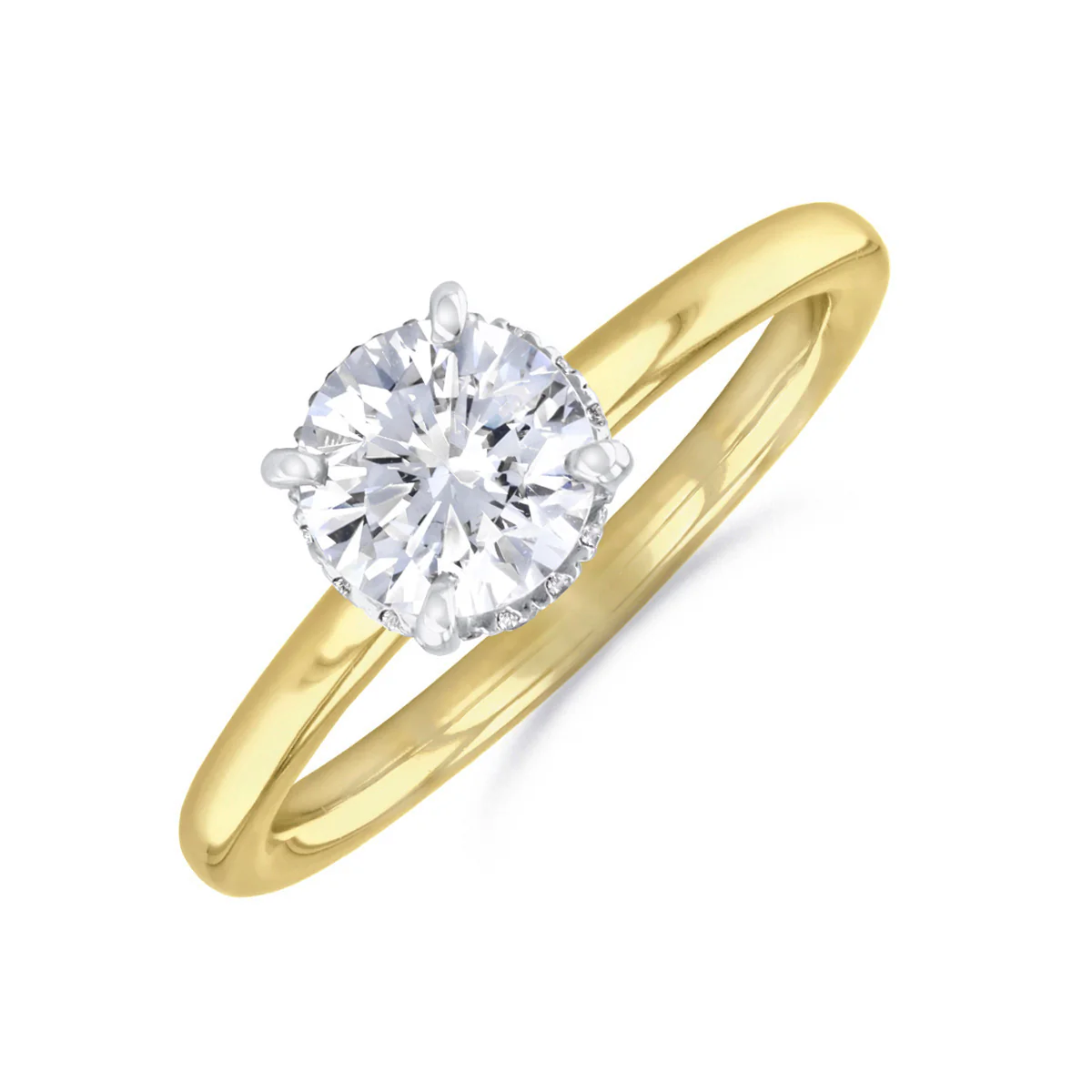 1.00ct Fleur Lab-Grown Round Cut Diamond Solitaire and Hidden Halo Engagement Ring | 18K Yellow & White Gold