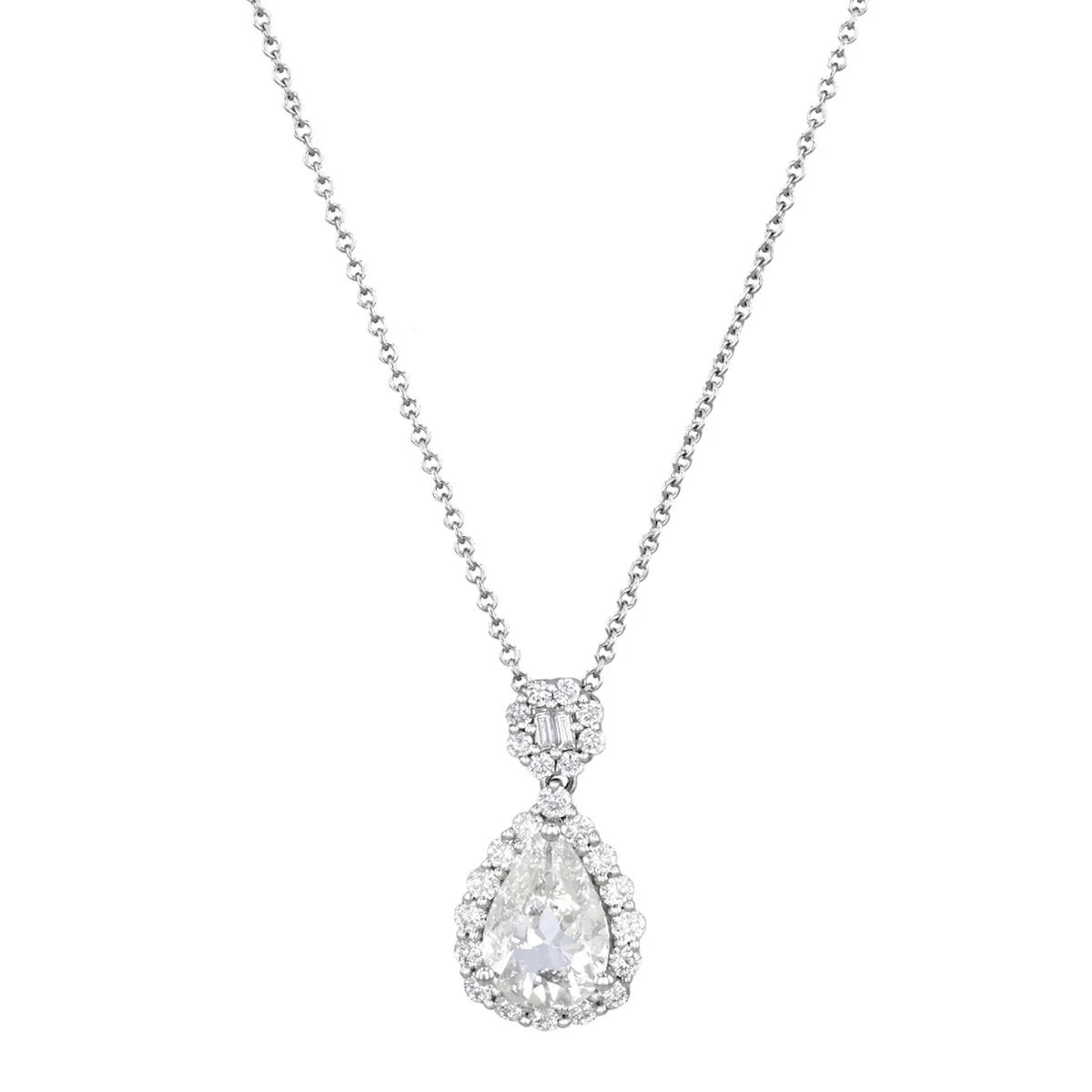 1.02ct Old Cut Pear Diamond and 0.32ct Mixed Cut Cluster Necklace (New Mount) | Pre-Loved | 18K White Gold