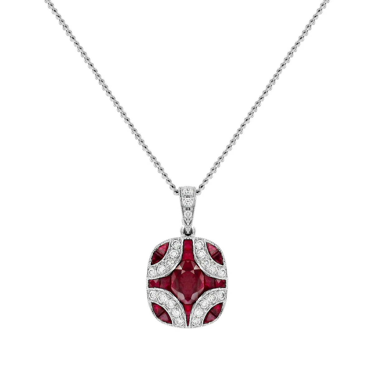 1.65ct Ruby & Diamond Deco Style Cluster Pendant | 18K White Gold - Image 2