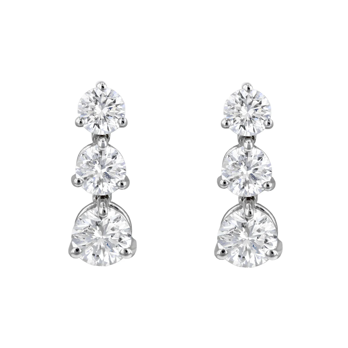 1.90ct Lab Grown Diamond Three Stone Drop Earrings | 9K White Gold