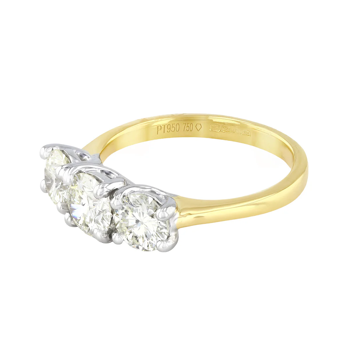 2.02ct Round Brilliant Cut Diamond Trilogy Ring | Pre-Loved | 18K Yellow Gold & Platinum - Image 3