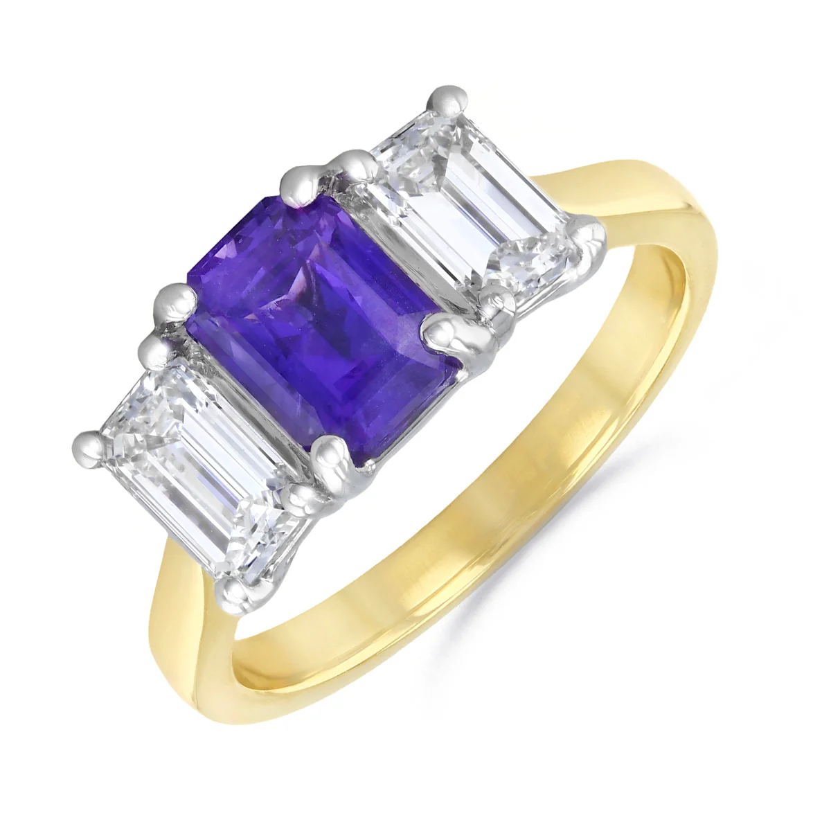 Heirloom Collection 2.08ct Emerald Cut Purple Sapphire and 1.18ct Diamond Three Stone Ring | 18K Yellow Gold