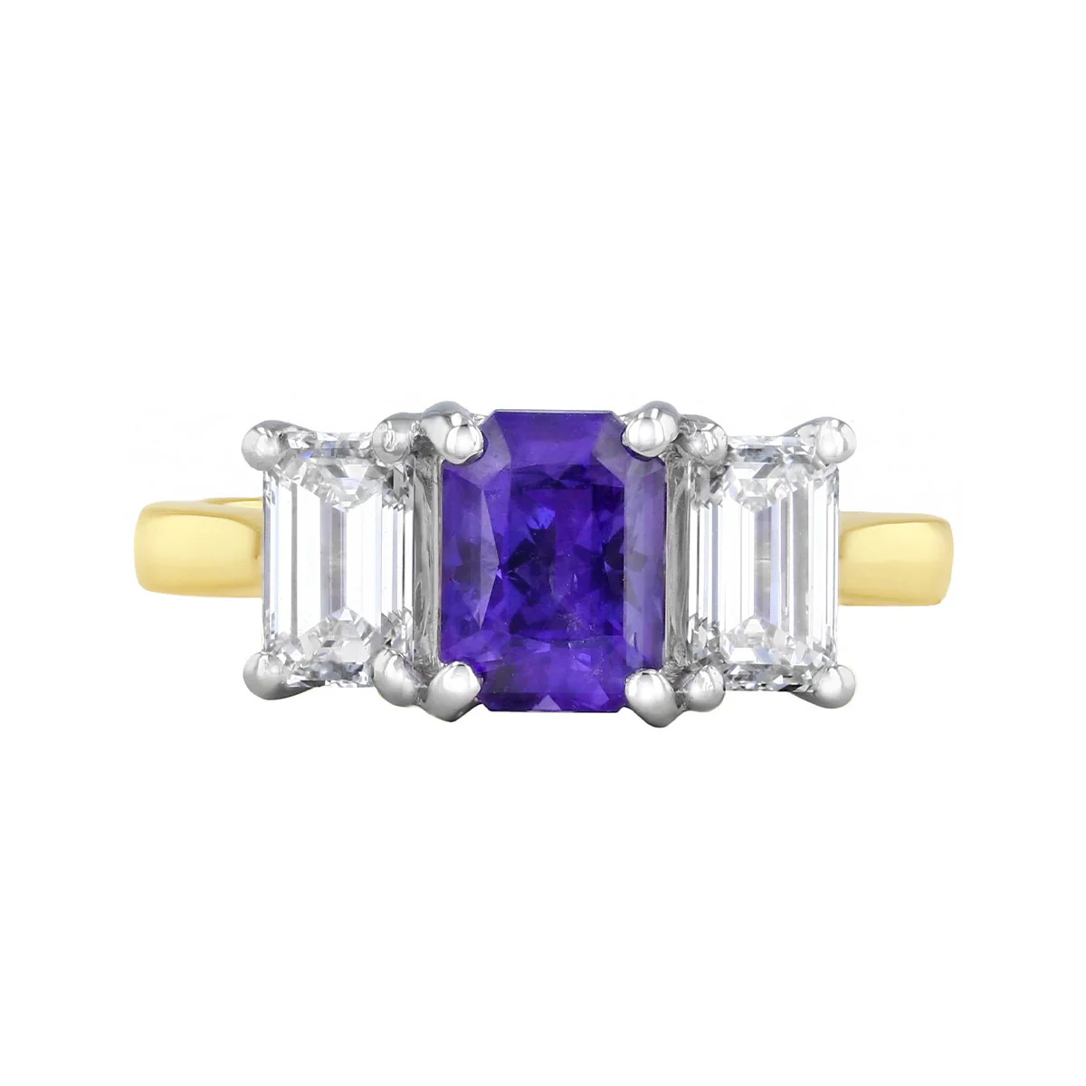 Heirloom Collection 2.08ct Emerald Cut Purple Sapphire and 1.18ct Diamond Three Stone Ring | 18K Yellow Gold - Image 2