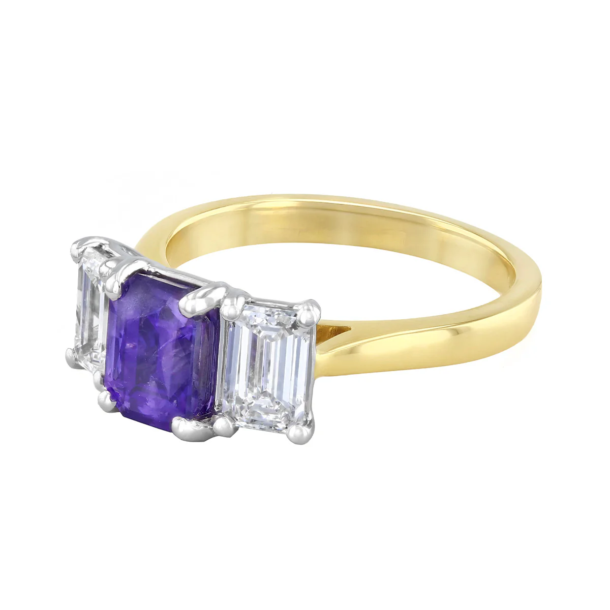 Heirloom Collection 2.08ct Emerald Cut Purple Sapphire and 1.18ct Diamond Three Stone Ring | 18K Yellow Gold - Image 3