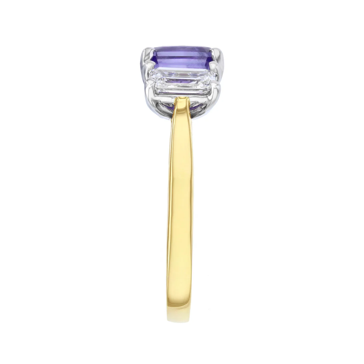 Heirloom Collection 2.08ct Emerald Cut Purple Sapphire and 1.18ct Diamond Three Stone Ring | 18K Yellow Gold - Image 4