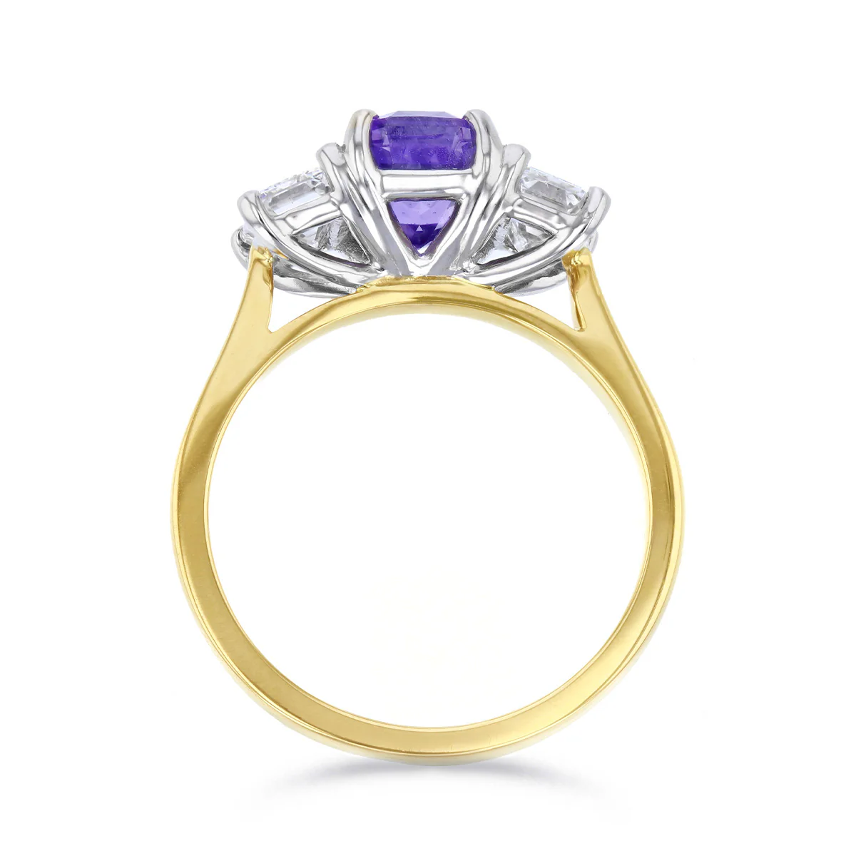 Heirloom Collection 2.08ct Emerald Cut Purple Sapphire and 1.18ct Diamond Three Stone Ring | 18K Yellow Gold - Image 5