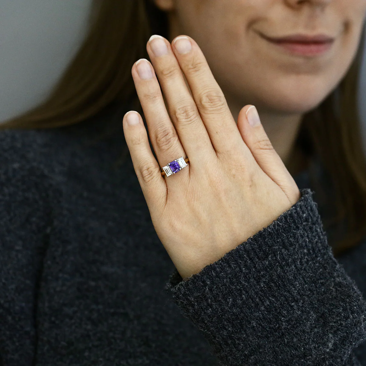 Heirloom Collection 2.08ct Emerald Cut Purple Sapphire and 1.18ct Diamond Three Stone Ring | 18K Yellow Gold - Image 6