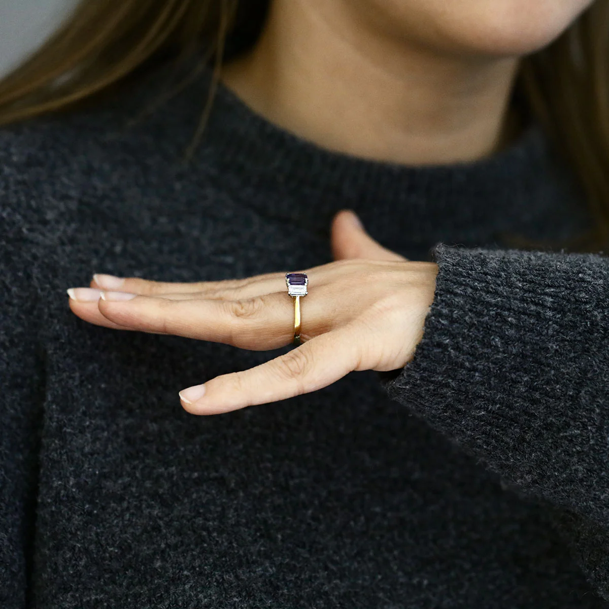 Heirloom Collection 2.08ct Emerald Cut Purple Sapphire and 1.18ct Diamond Three Stone Ring | 18K Yellow Gold - Image 7