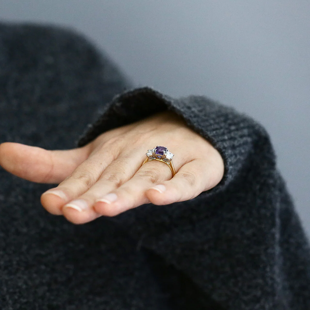 Heirloom Collection 2.08ct Emerald Cut Purple Sapphire and 1.18ct Diamond Three Stone Ring | 18K Yellow Gold - Image 8