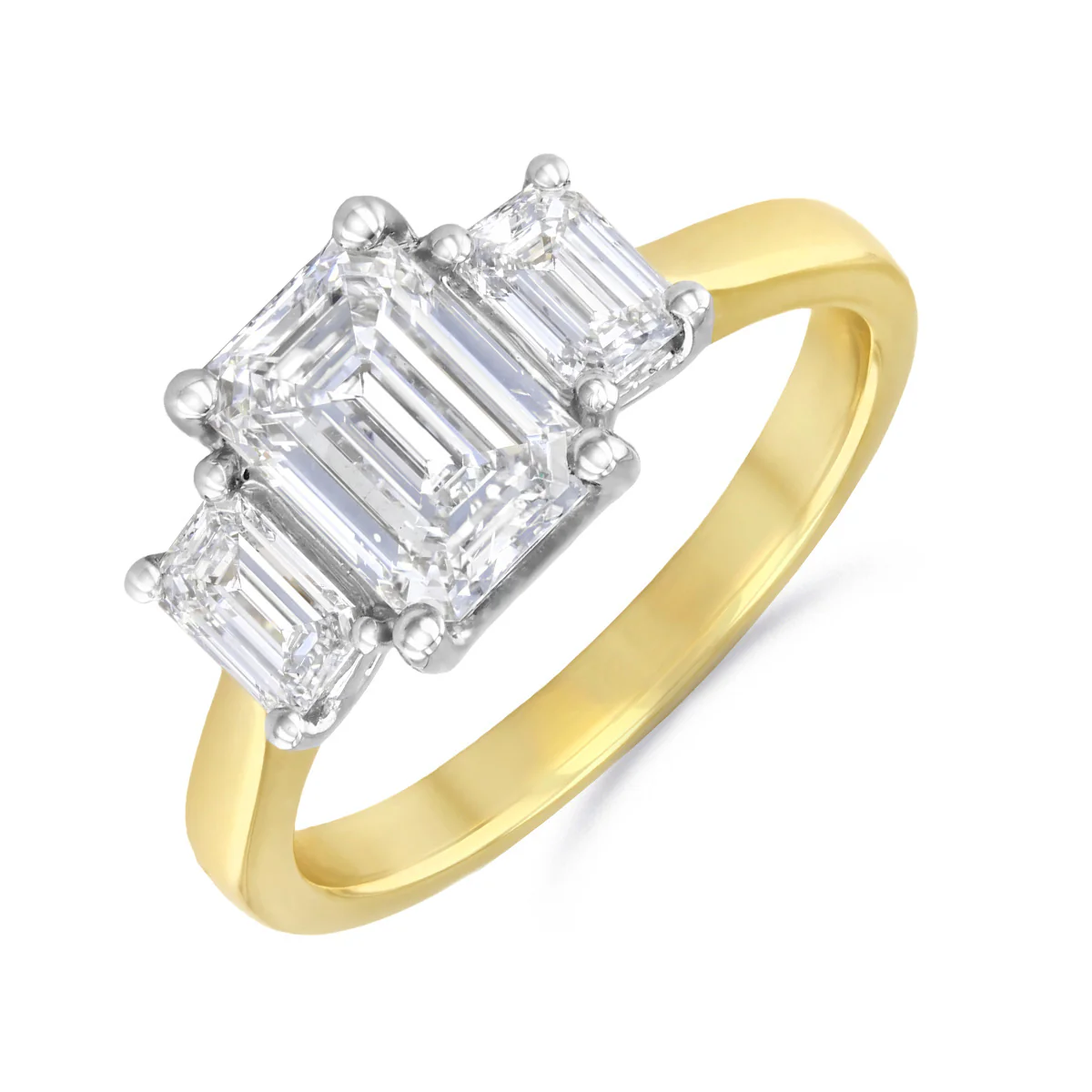 2.14ct Emerald Cut Lab Grown Diamond Three Stone Engagement Ring - Platinum & 18K Yellow