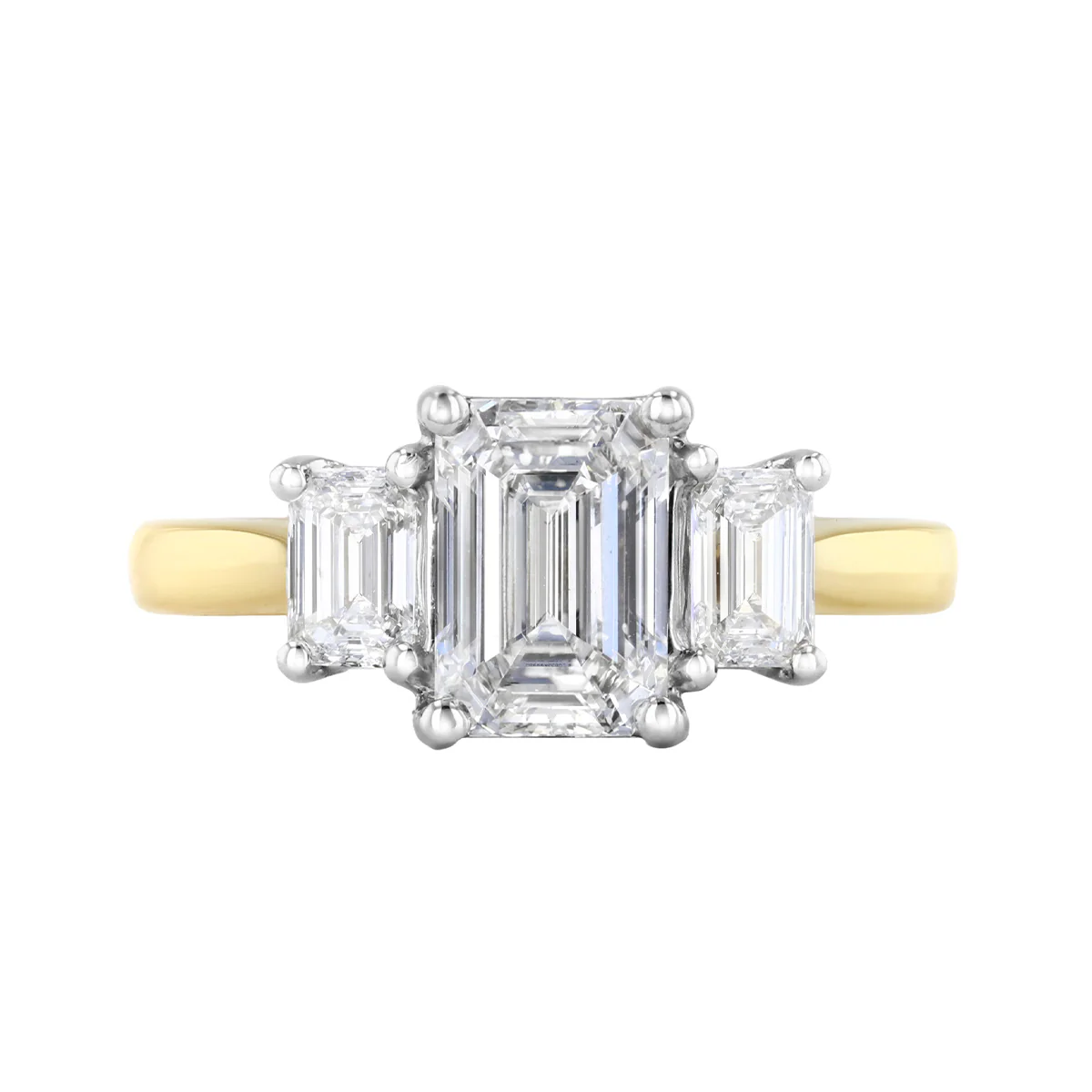 2.14ct Emerald Cut Lab Grown Diamond Three Stone Engagement Ring - Platinum & 18K Yellow - Image 2