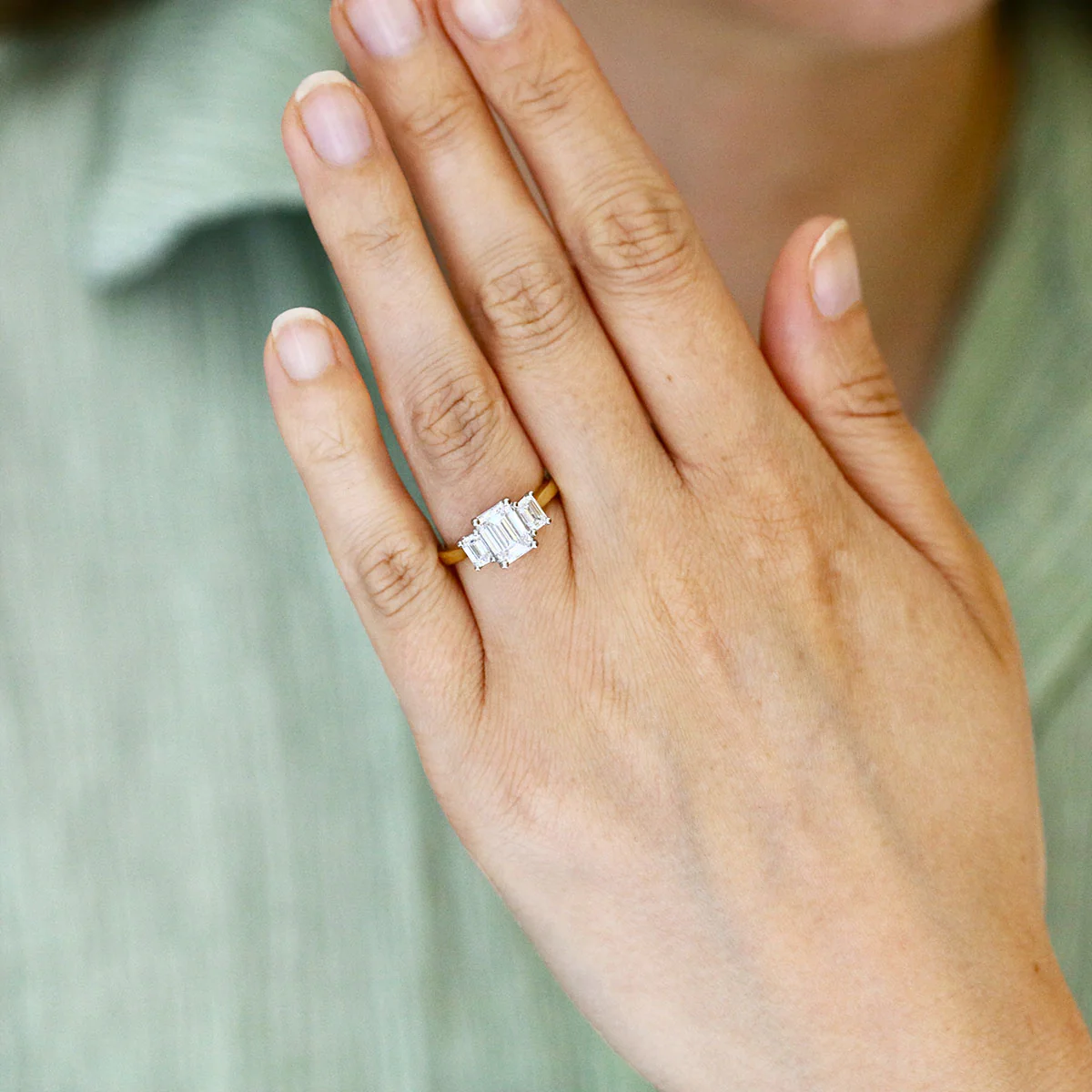 2.14ct Emerald Cut Lab Grown Diamond Three Stone Engagement Ring - Platinum & 18K Yellow - Image 6