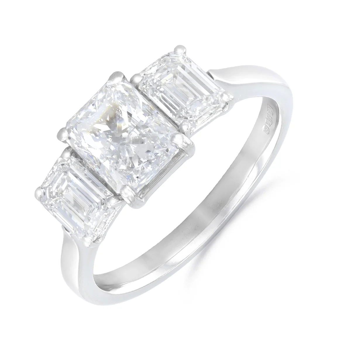 2.14ct Radiant and Emerald Three Stone Diamond Engagement Ring | Pre-Loved | Platinum