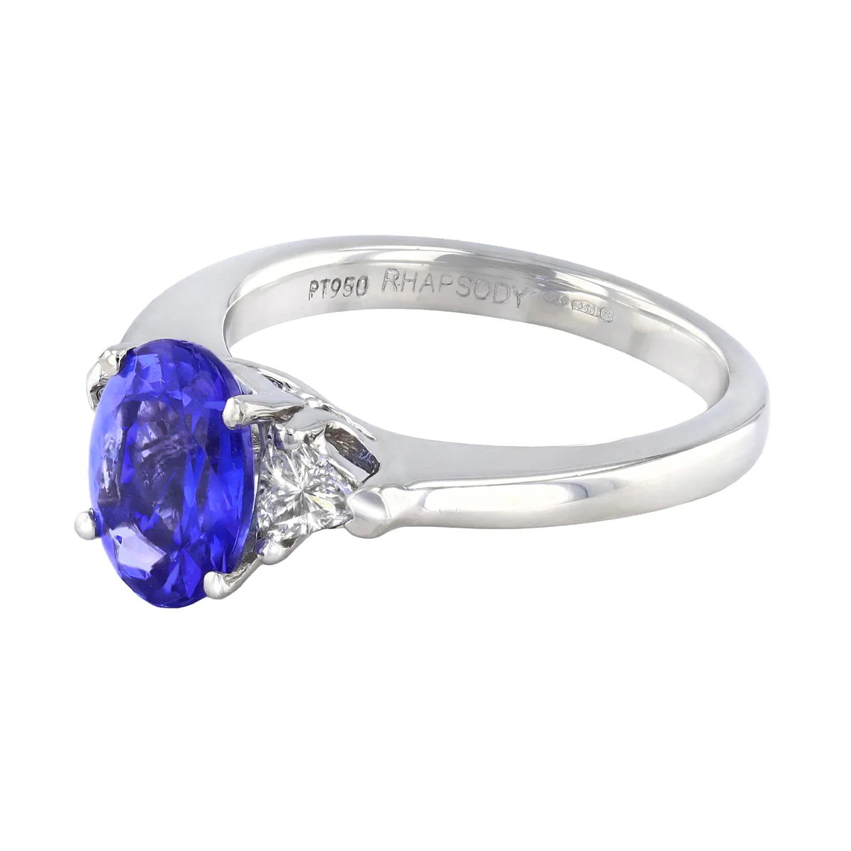 2.23ct Oval Cut Tanzanite and Trillion Cut Diamonds Three stone Ring | Pre-Loved | Platinum - Image 3