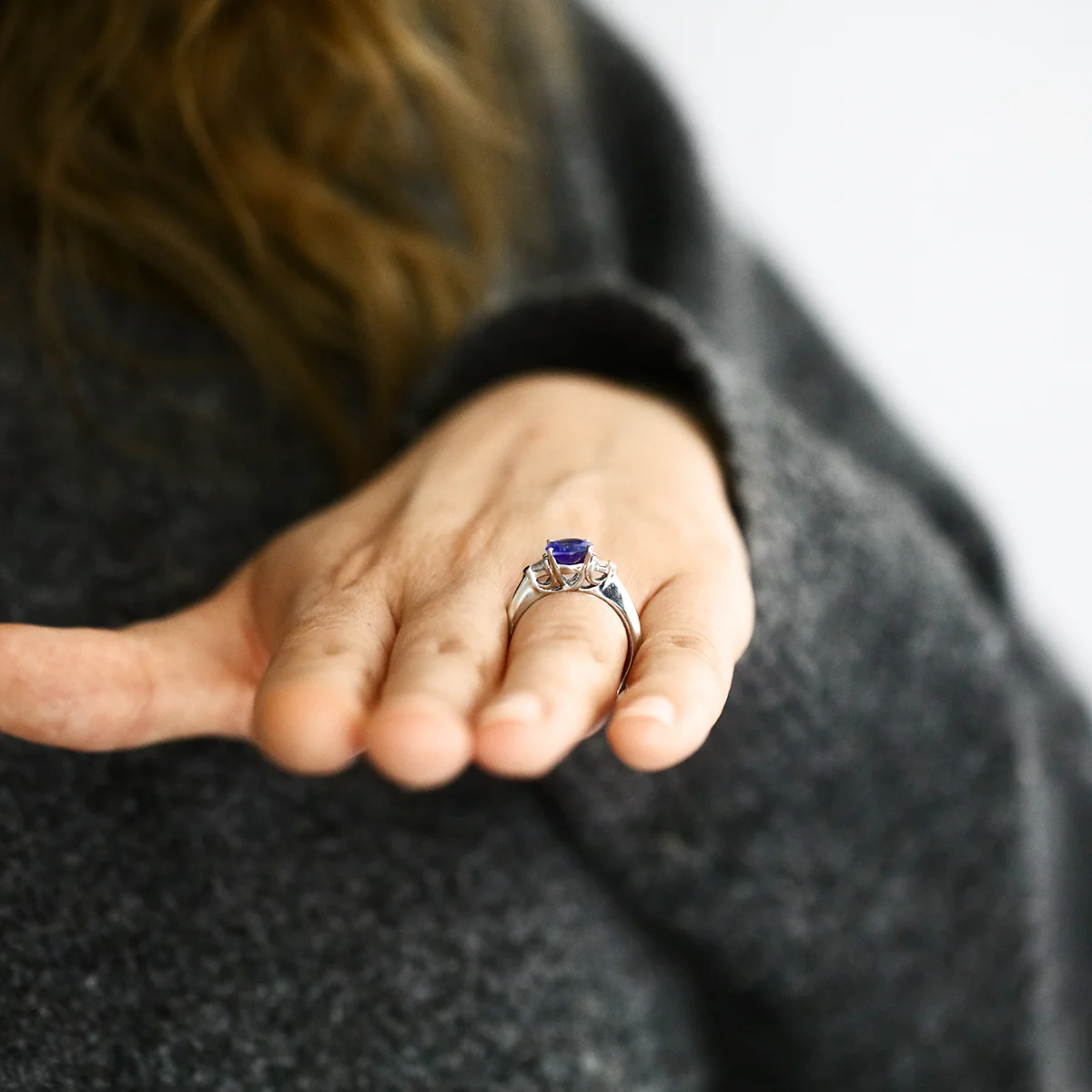 2.23ct Oval Cut Tanzanite and Trillion Cut Diamonds Three stone Ring | Pre-Loved | Platinum - Image 8