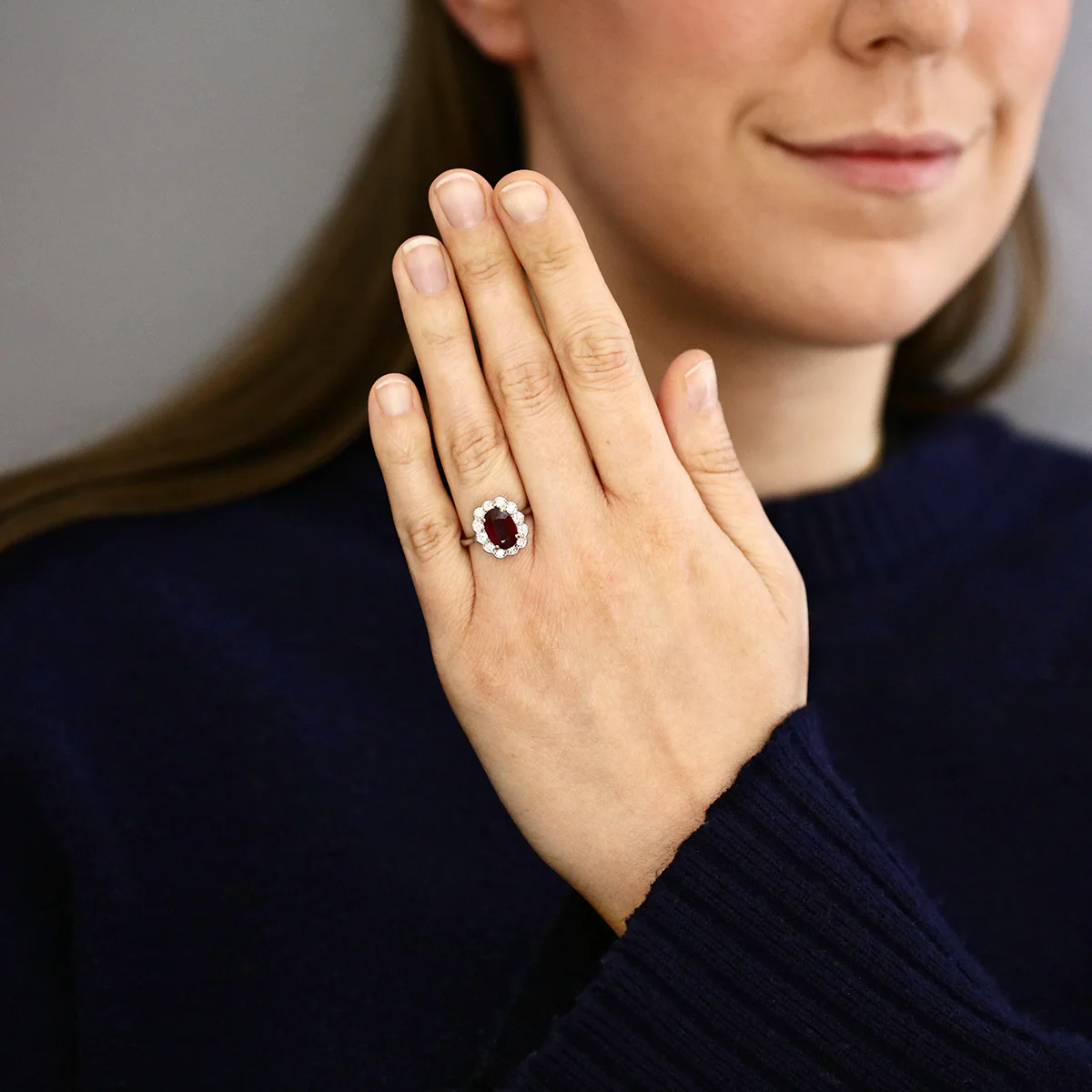 2.91ct Oval  Ruby and 0.72ct Brilliant Cut Diamond Cluster Ring | Pre-Loved | Platinum - Image 6