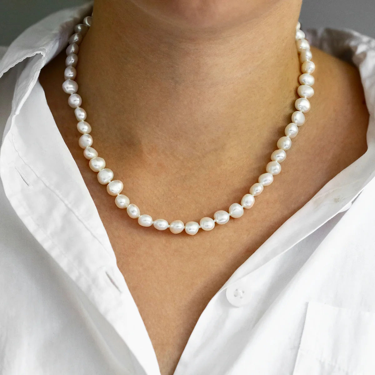 Pearlessence Collection 6.5-7mm White Baroque Freshwater Pearl 18" Necklace | Sterling Silver Magnetic Clasp - Image 3