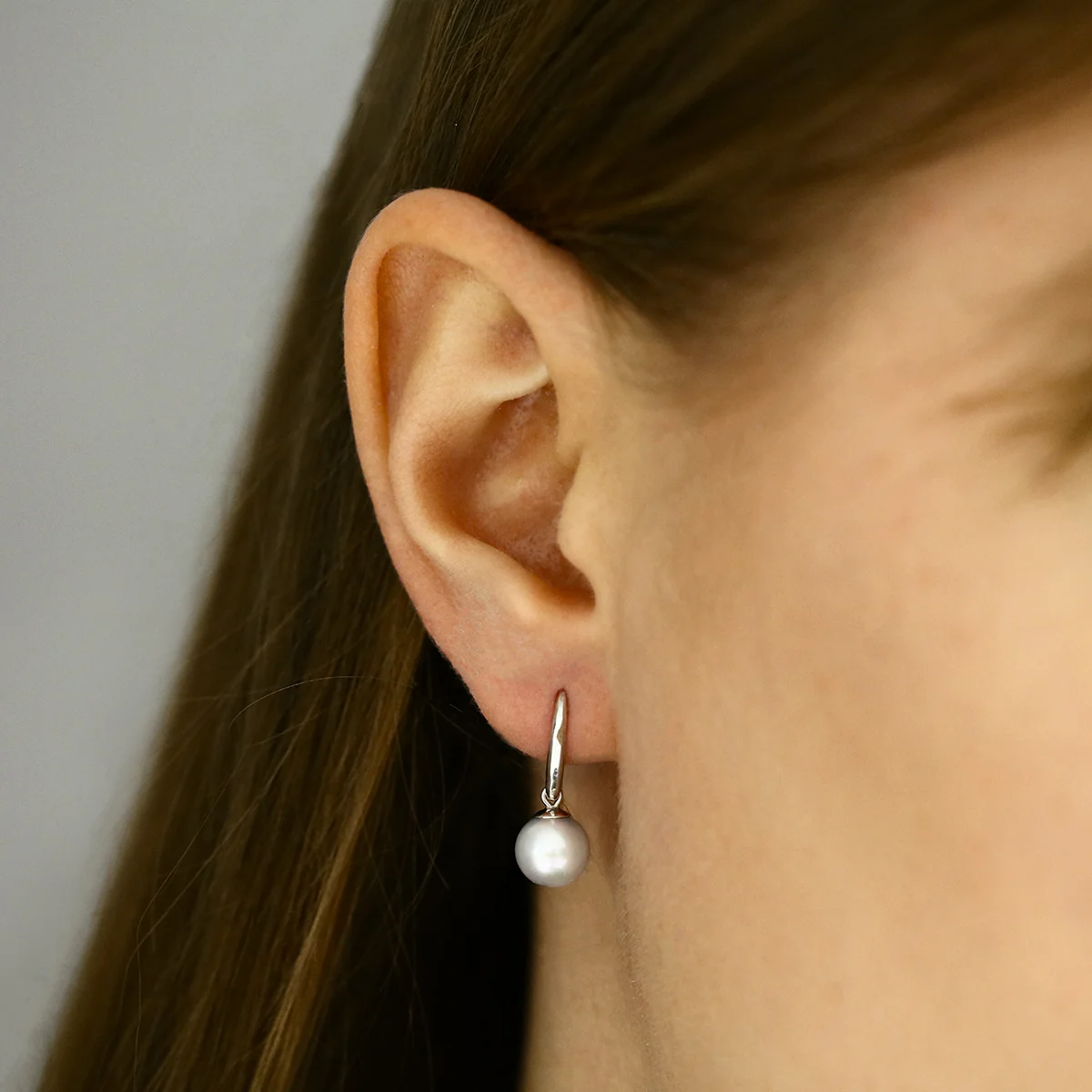 Pearlessence Collection 8-8.5mm Round Grey Cultured River Pearls With Shepherds Crook Hook |  9K White Gold - Image 6