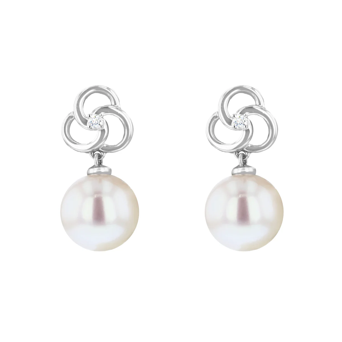 9mm Pearl and Diamond Swirl Earrings | 9K White Gold