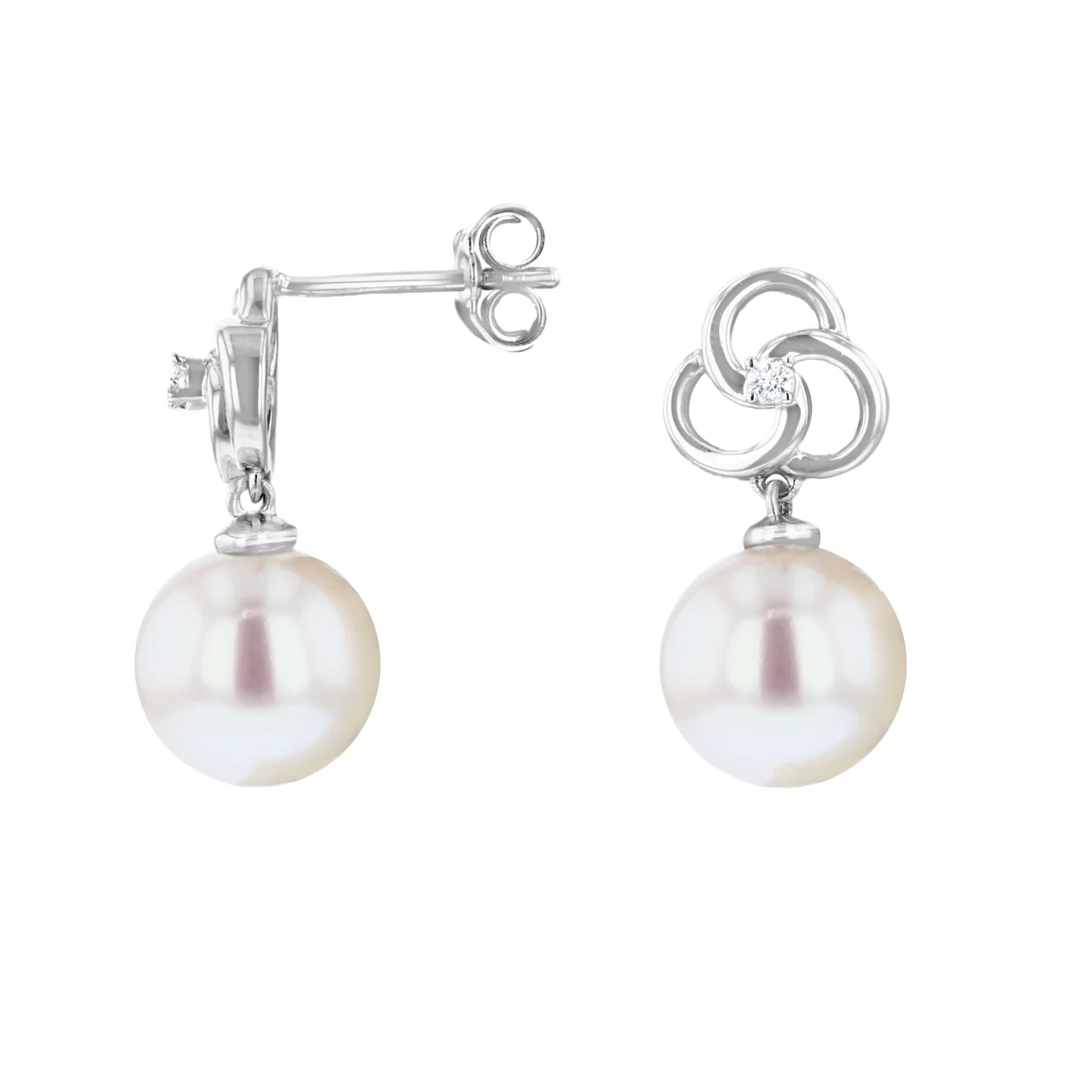 9mm Pearl and Diamond Swirl Earrings | 9K White Gold - Image 3
