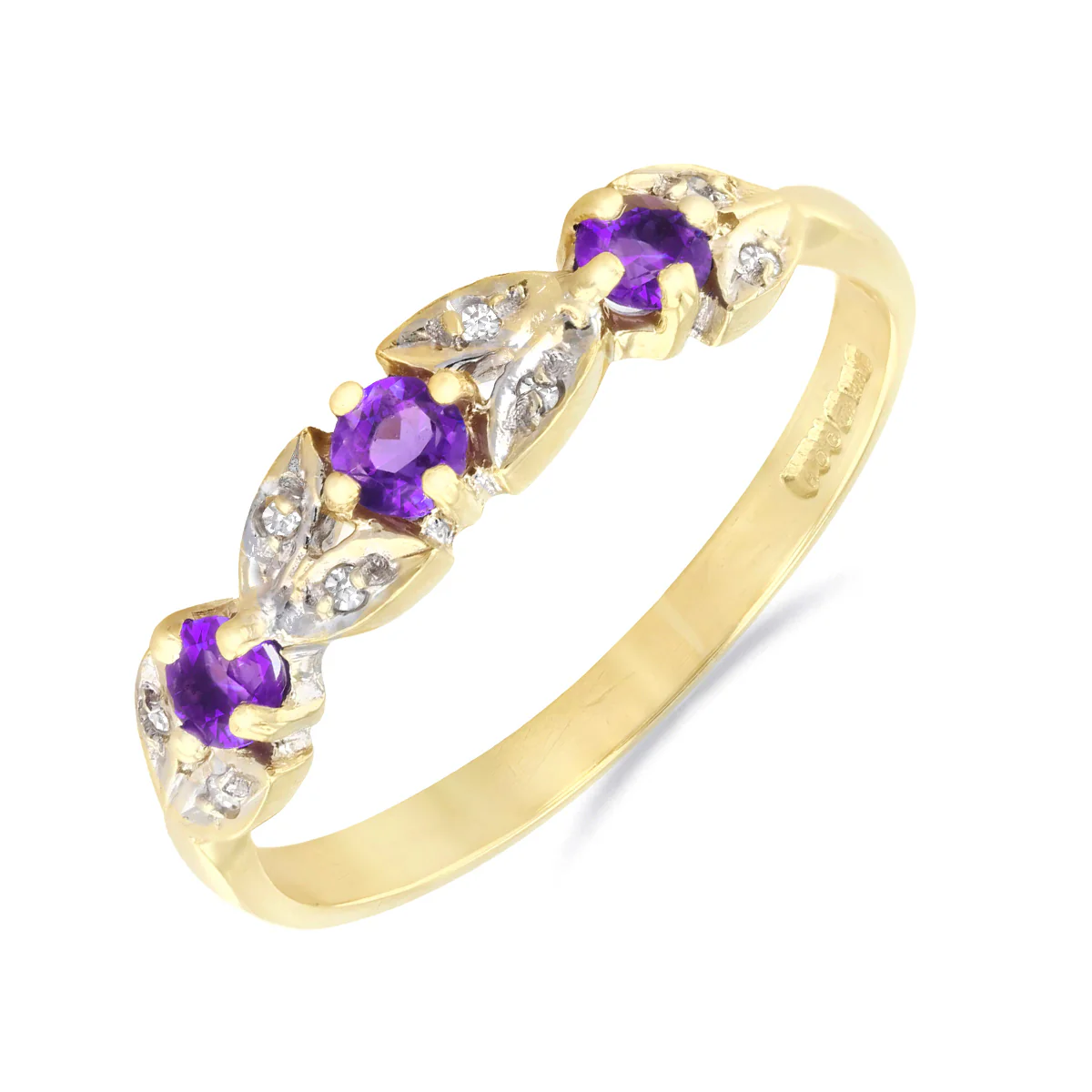 Amethyst and Diamond Leaf Design Dress Ring | Pre-Loved | 9K Yellow Gold