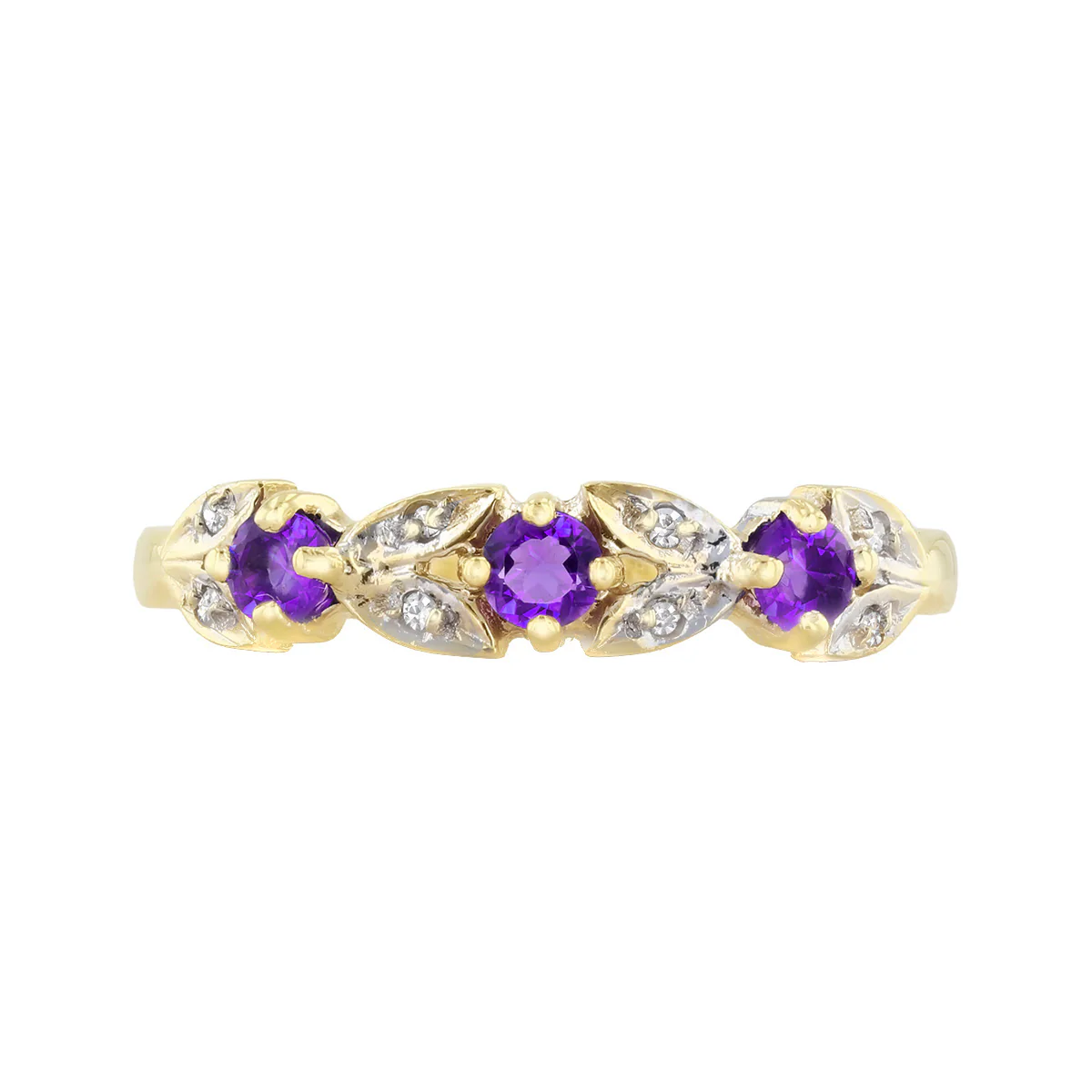 Amethyst and Diamond Leaf Design Dress Ring | Pre-Loved | 9K Yellow Gold - Image 2