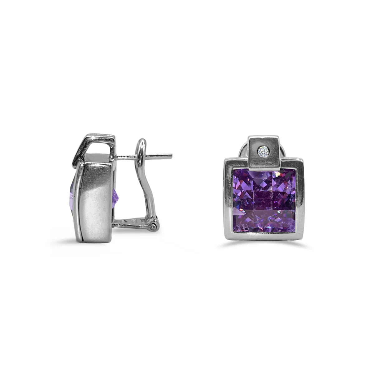 Amethyst and Diamond Stud Earrings | Pre-Loved | 18K White Gold - Image 2