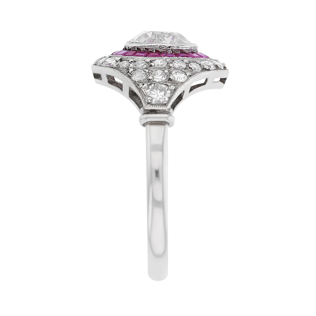 Antique 1.20ct Old Cut Diamond and Ruby Target Ring | Pre-Loved | Platinum - Image 3