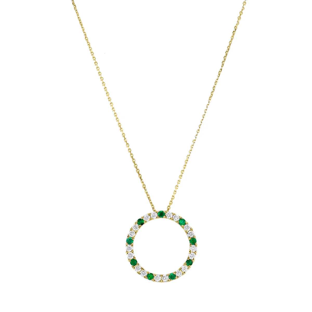 Bijou Collection 0.20ct Emerald and 0.34ct Diamond Open Circle Pendant | 9K Yellow Gold