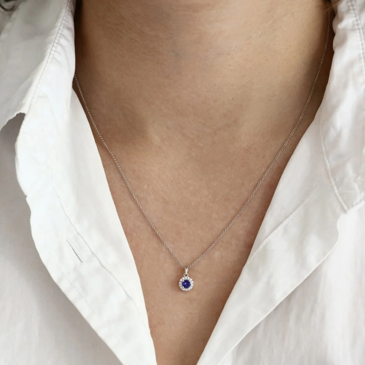 Bijou Collection 0.26ct Tanzanite and 0.06ct Diamond Halo Pendant | 9K White Gold - Image 4