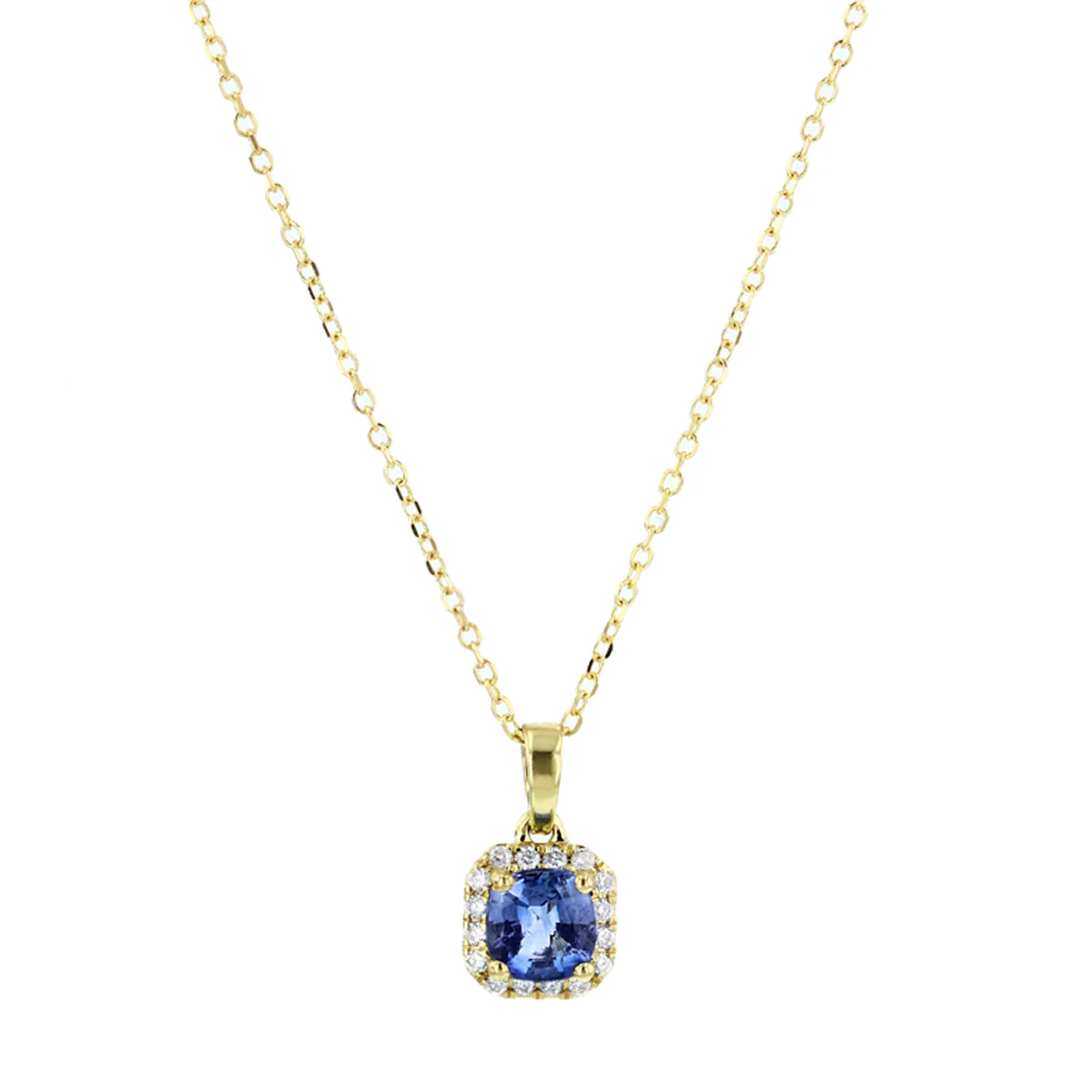 Bijou Collection 0.28ct Sapphire and 0.08ct Diamond Halo Necklace | 18K Yellow Gold