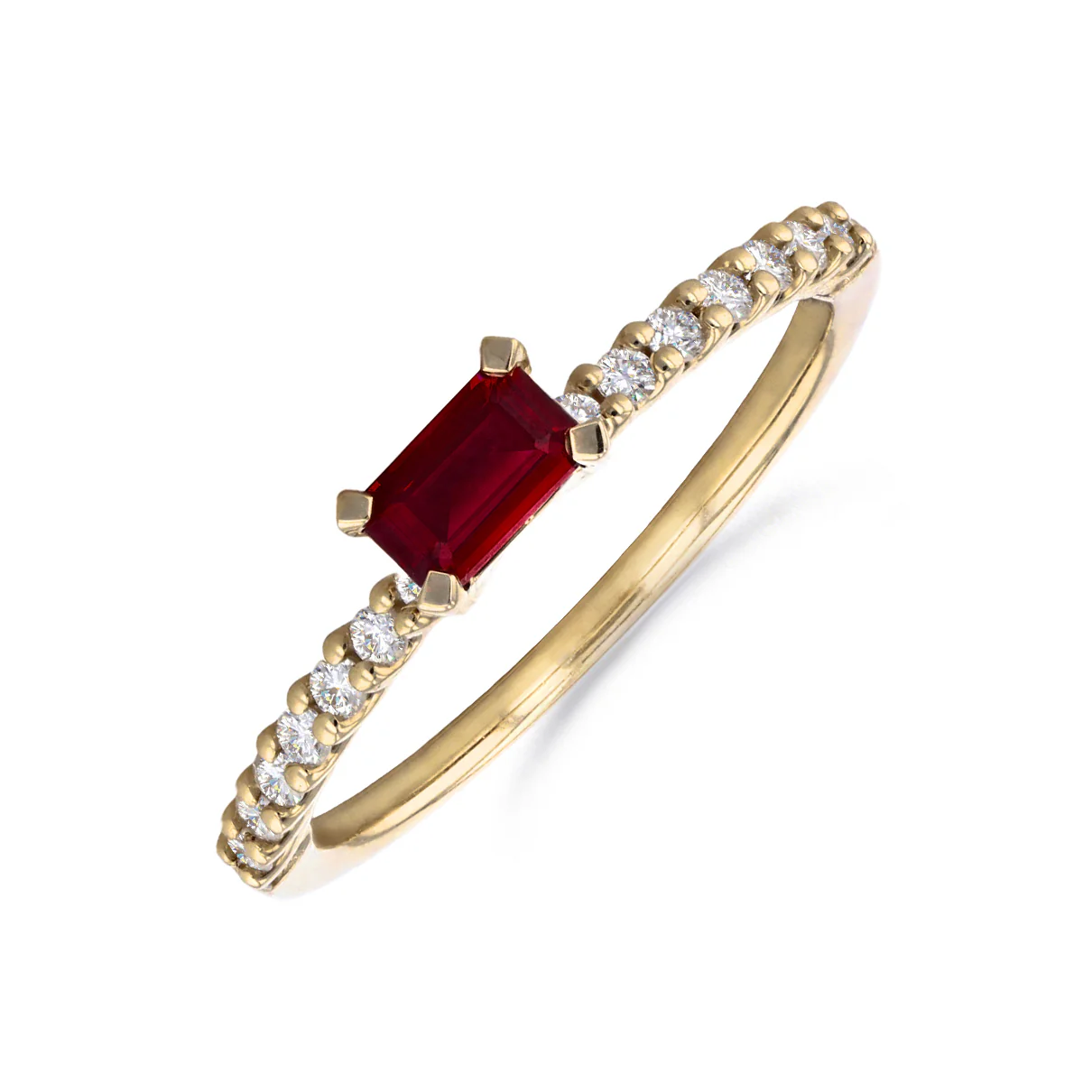 Bijou Collection 0.46ct Emerald Cut Ruby Shoulder Set Ring | 9K Yellow Gold