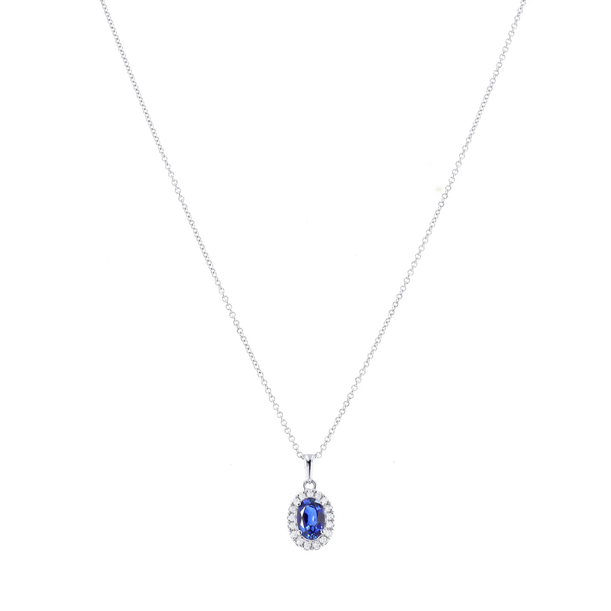 Bijou Collection 0.52ct Oval Cut Sapphire & Diamond Halo Necklace | 9K White Gold - Image 3