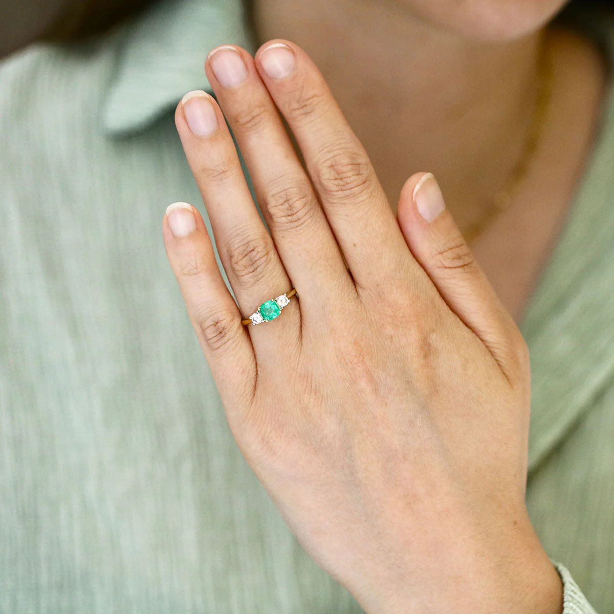 Heirloom Collection 0.90ct Cushion Cut Zambian Emerald and 0.27ct Diamond Three Stone Ring | 18K Yellow Gold - Image 6