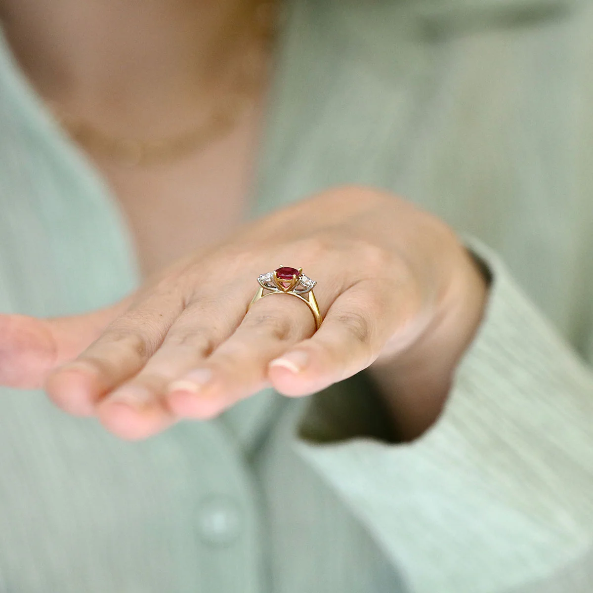 Heirloom Collection 1.21ct Myanmar Ruby and 0.50ct Brilliant Cut Diamond Trilogy Ring | 18K Yellow Gold & Platinum Set - Image 8