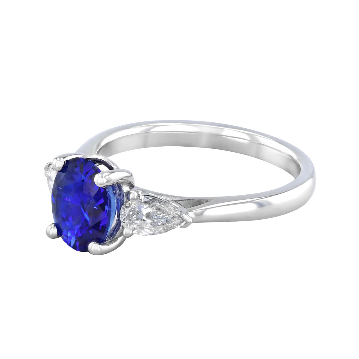 Heirloom Collection 2.11ct Oval Sapphire and 0.50ct Pear Cut Diamond Three Stone Ring | Platinum - Image 3