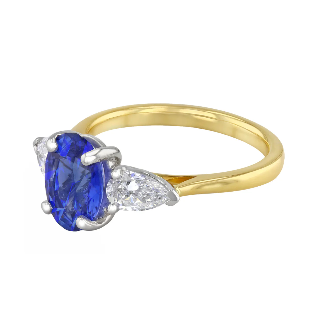 Heirloom Collection 2.13ct Oval Ceylon Sapphire and 0.64ct Pear Cut Diamonds Three Stone Ring | 18K Yellow Gold - Image 3