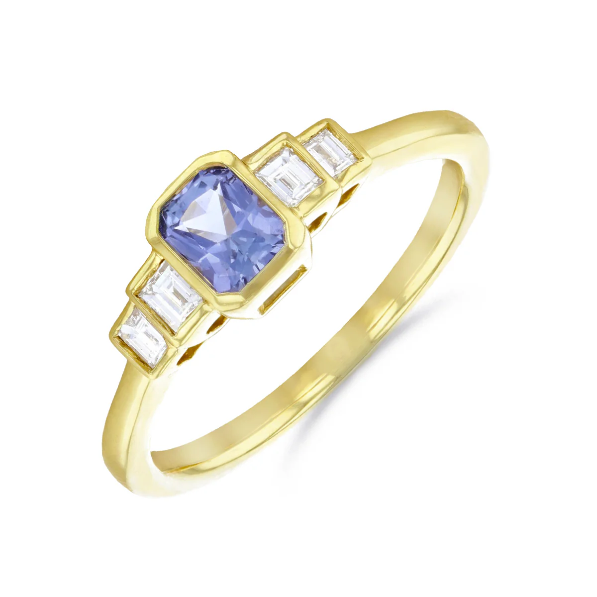 Bijou Collection Blue Sapphire & Baguette Cut Diamond  Ring | 18K Yellow Gold