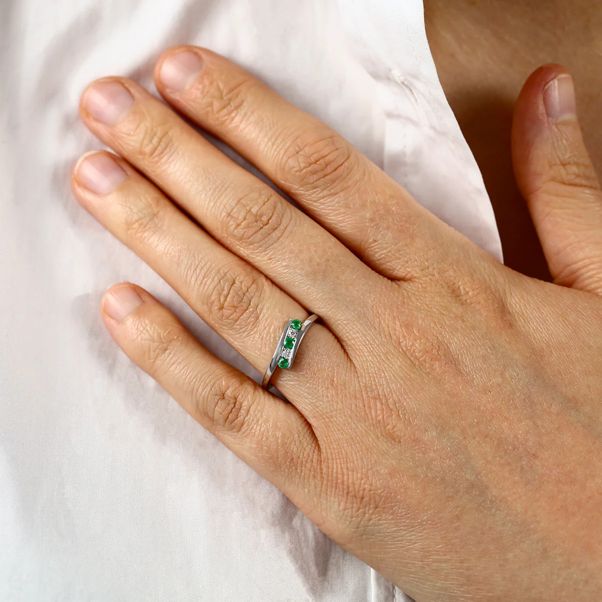 Birthstone Collection Emerald and Diamond Twist Ring | 9K White Gold - Image 6