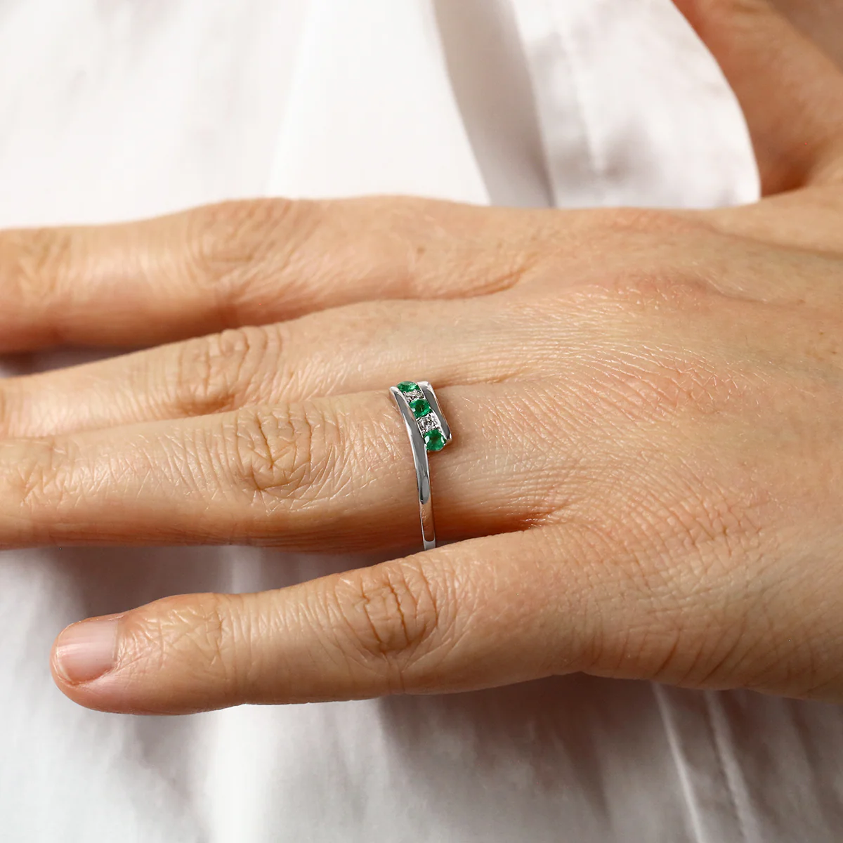 Birthstone Collection Emerald and Diamond Twist Ring | 9K White Gold - Image 7