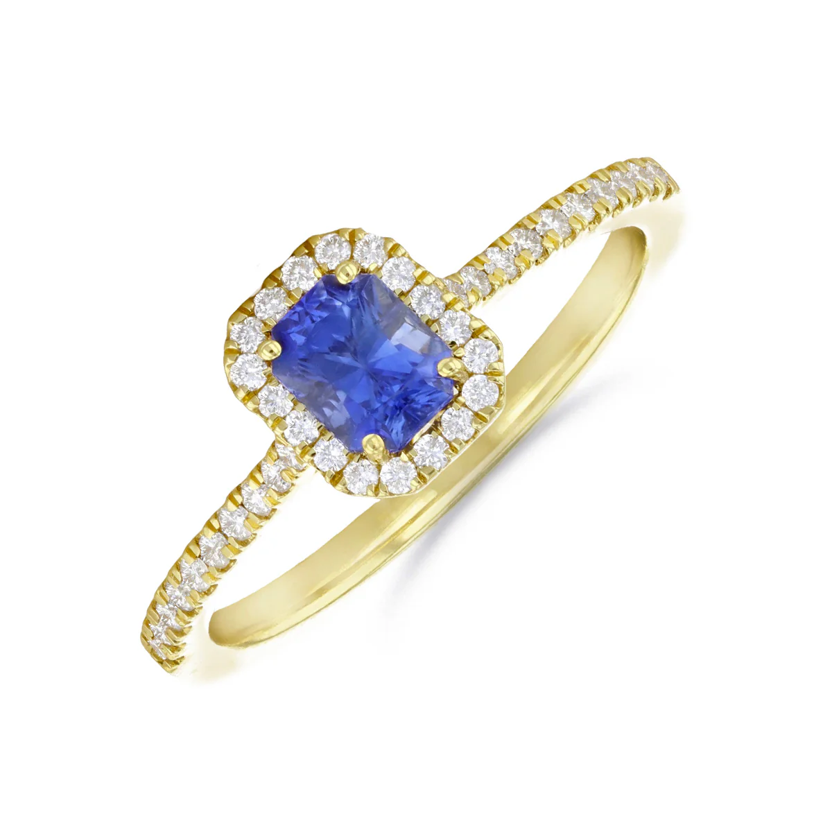 Bijou Collection Emerald Cut Blue Sapphire  & Diamond Halo Ring  | 18K Yellow Gold