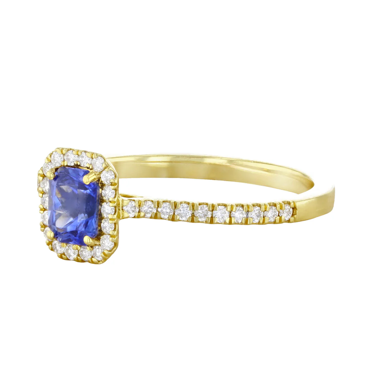 Bijou Collection Emerald Cut Blue Sapphire  & Diamond Halo Ring  | 18K Yellow Gold - Image 2