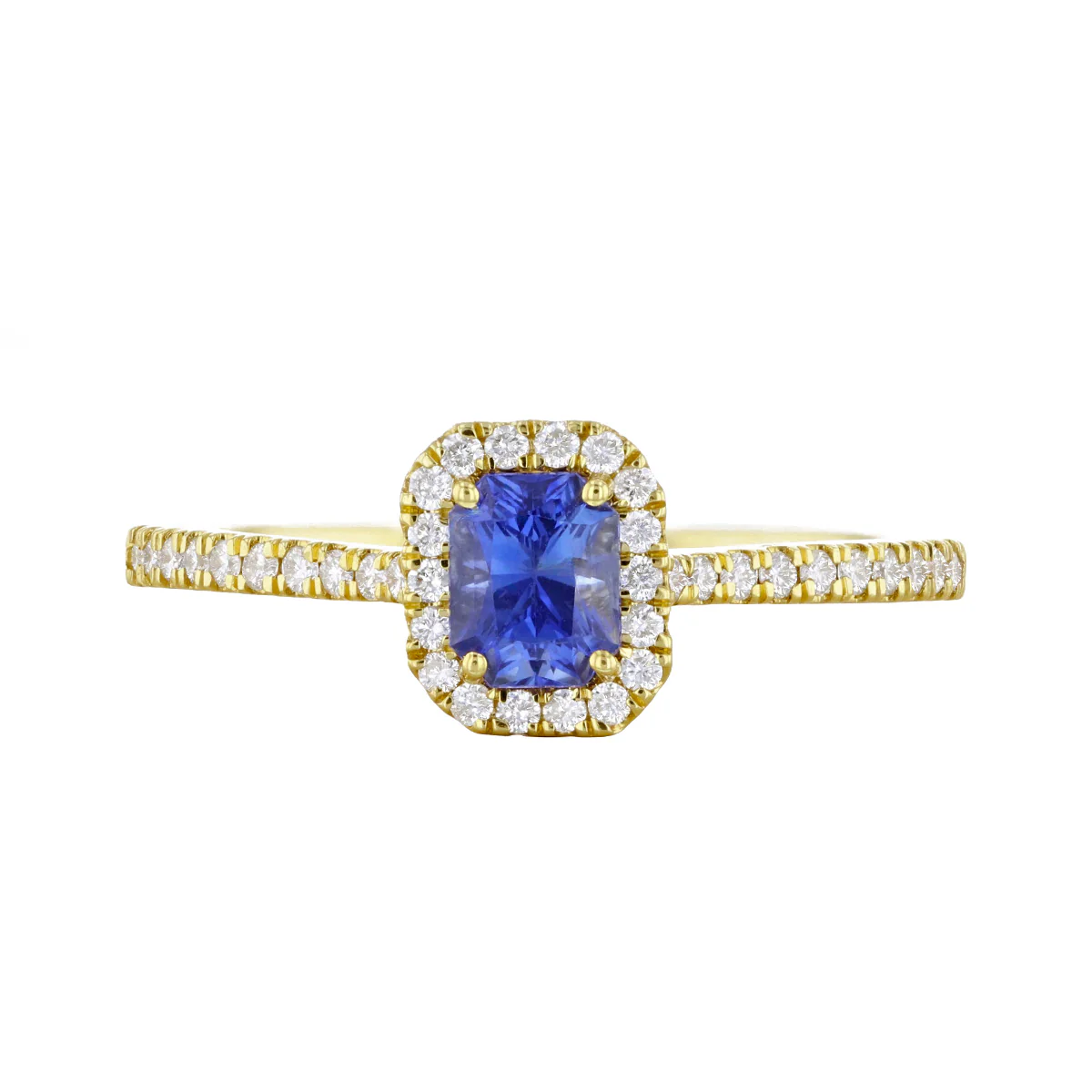 Bijou Collection Emerald Cut Blue Sapphire  & Diamond Halo Ring  | 18K Yellow Gold - Image 5